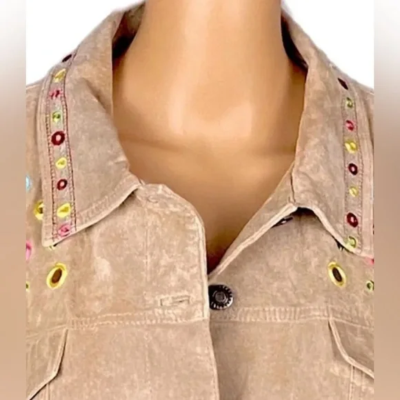 CHICO's Chicos Tan Suede Leather Jean Style Jacket  Boho Embroidery Accent 3 XL - Picture 2 of 7